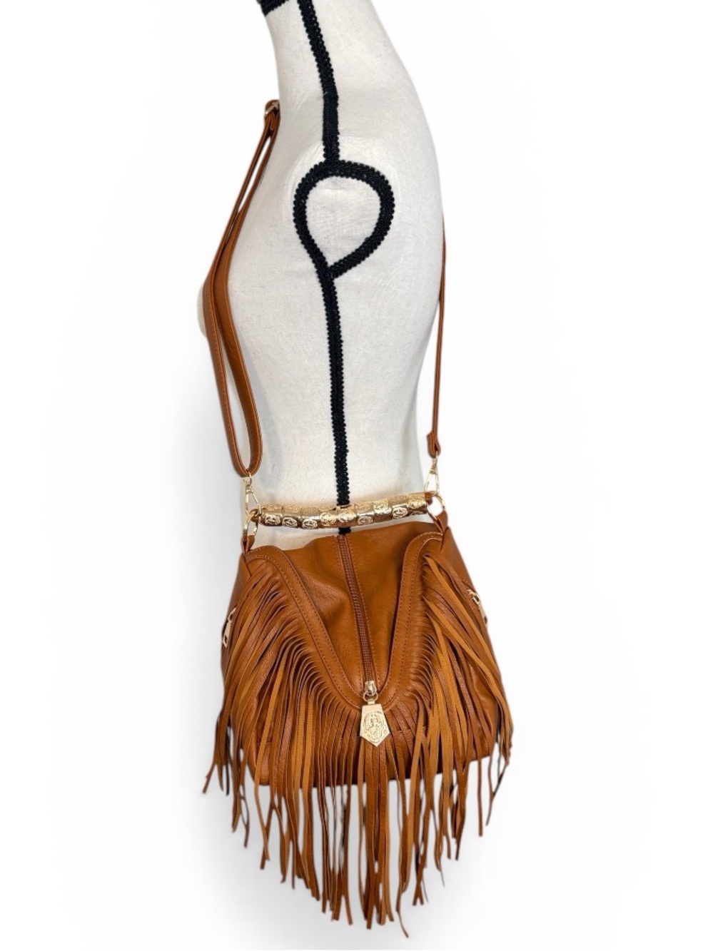 Boho Fringe Crossbody Bag Cognac Brown Western Festival Saddle Purse NWOT